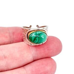 Vintage Hammered Sterling Silver 925 Gold Rim Malachite Open Back Ring Size 7